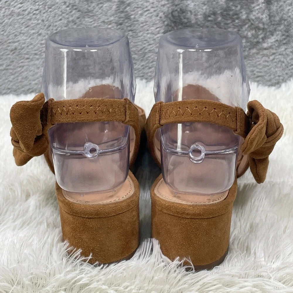 J.Crew Slingback Pumps Women 6 Brown Excellent Bow Suede Block Heel Pointed Toe